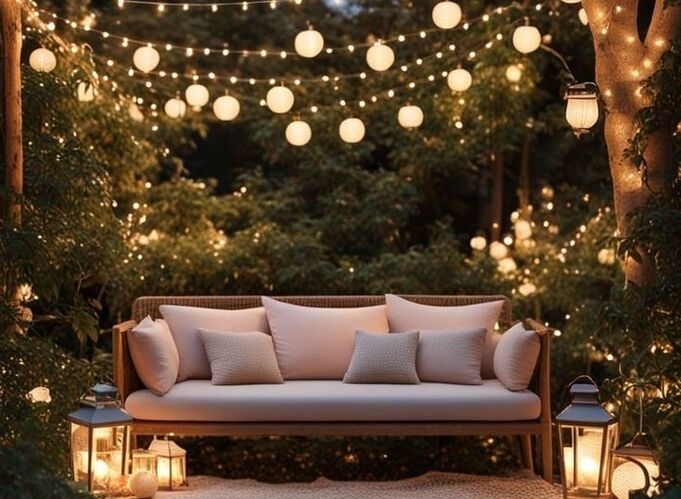Enchanted garden birthday setup with fairy lights and floral decor
