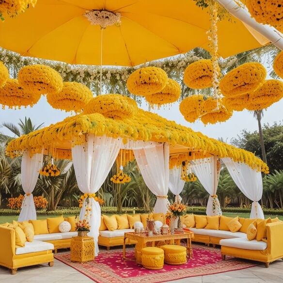 Haldi canopy with colorful drapes